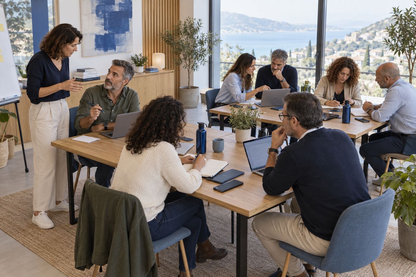 צוות עובדים בסדנת עבודה סביב שולחן עם מחשבים ניידים